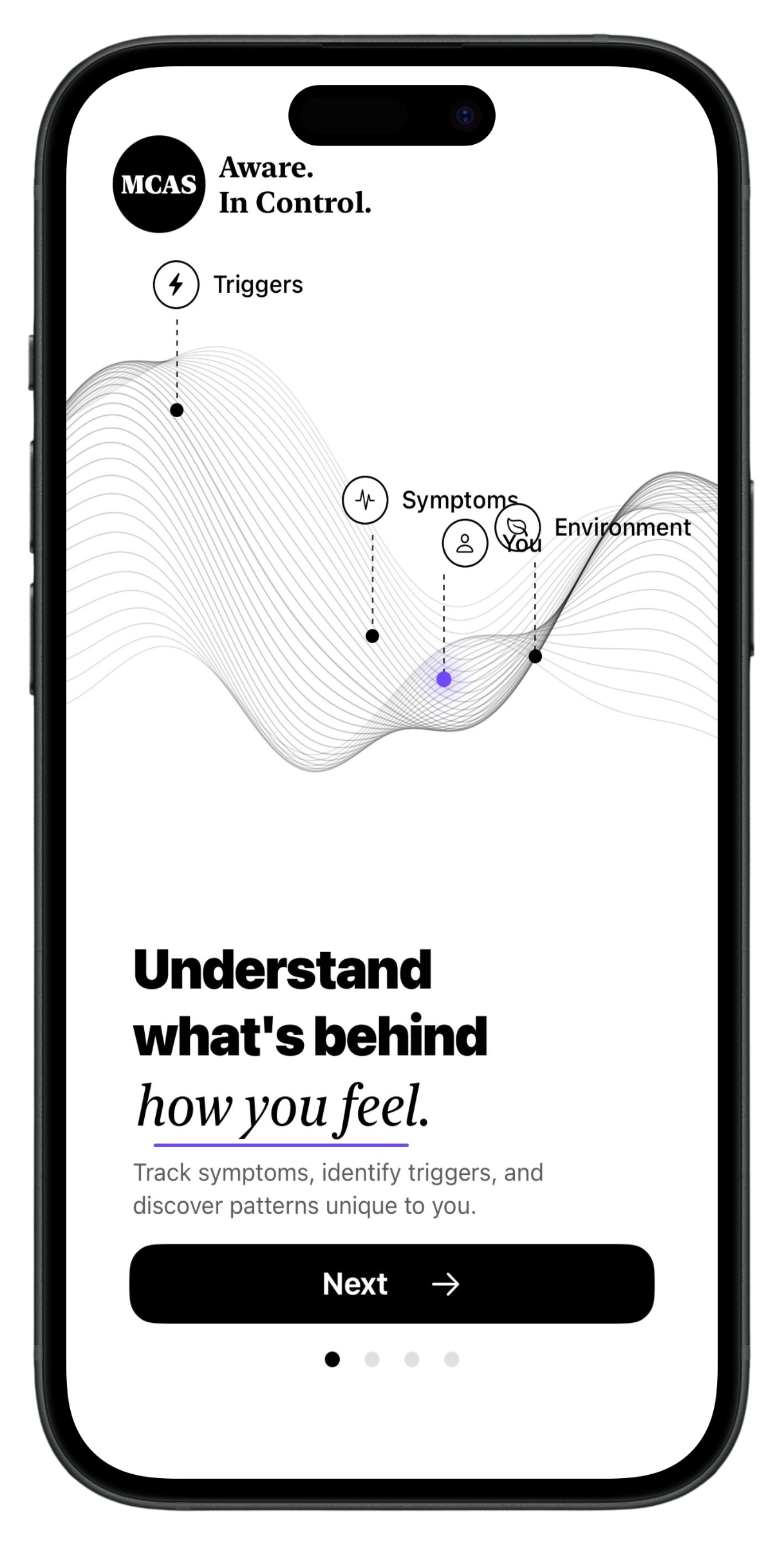 MastCell Tracker app onboarding screen: Understand what's behind how you feel — track symptoms, identify triggers, and discover patterns unique to you
